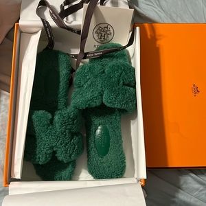 Hermes Oran Shearling Colorblock Pattern Slide